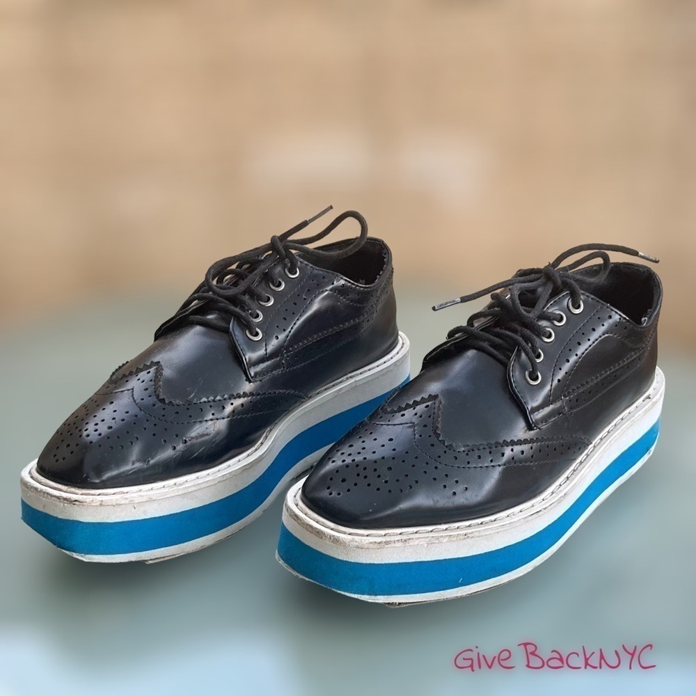Wingtip Platform Brogues Black White Blue Stripes Size 8